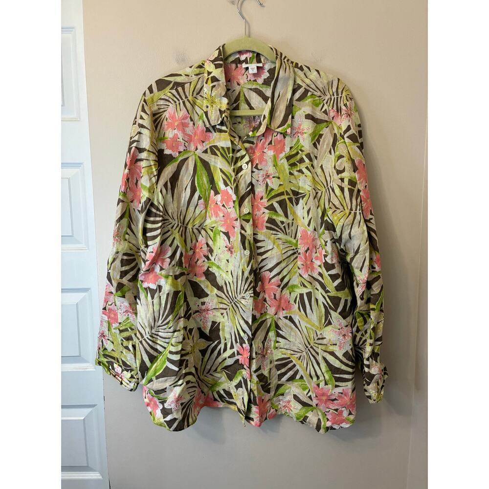 J. Jill Love Linen Floral Hawaiian Button Down Shirt Long Sleeve Resort Size XL